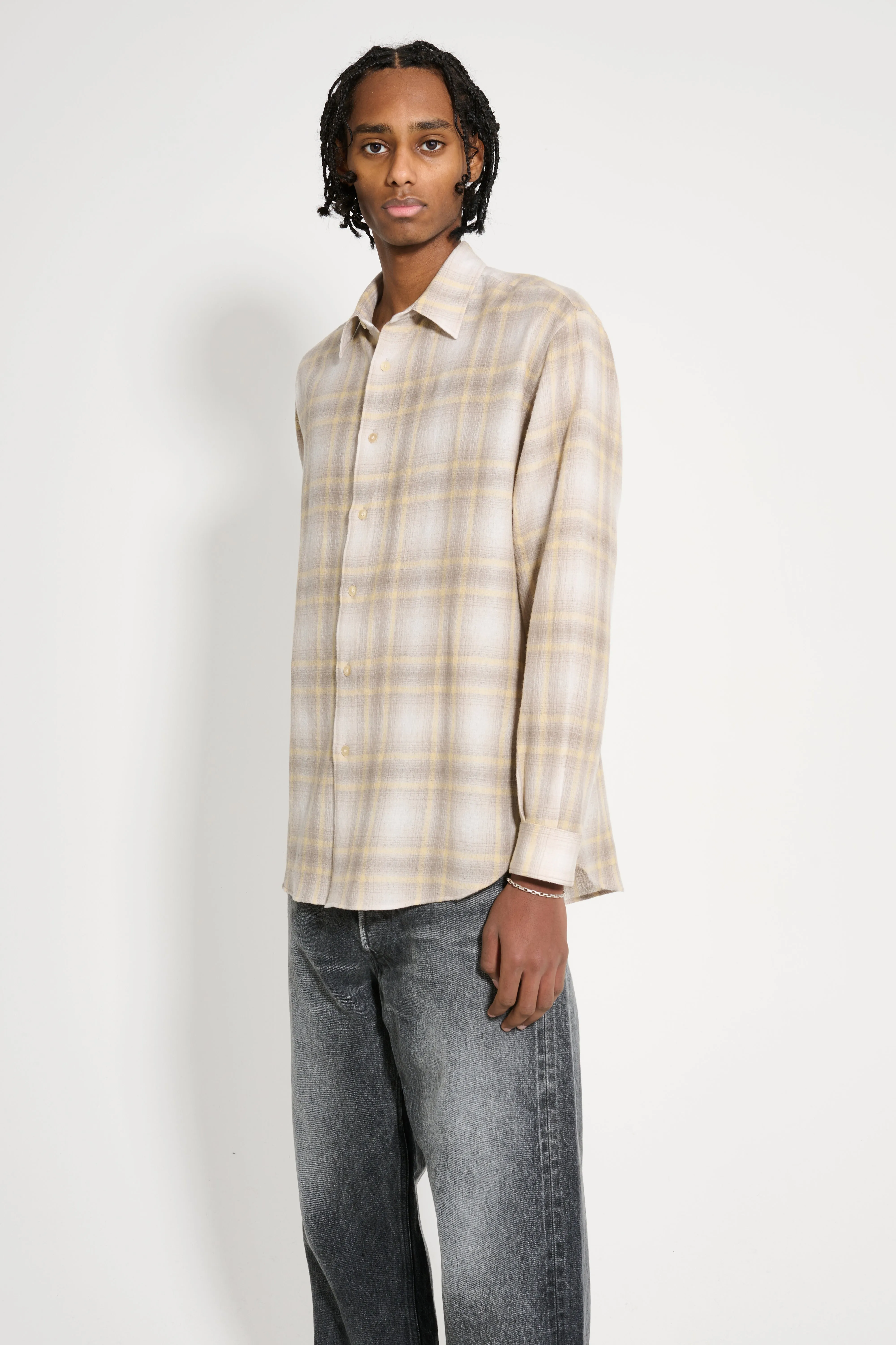 Auralee Airy Wool Check Shirt Yellow Grey Check