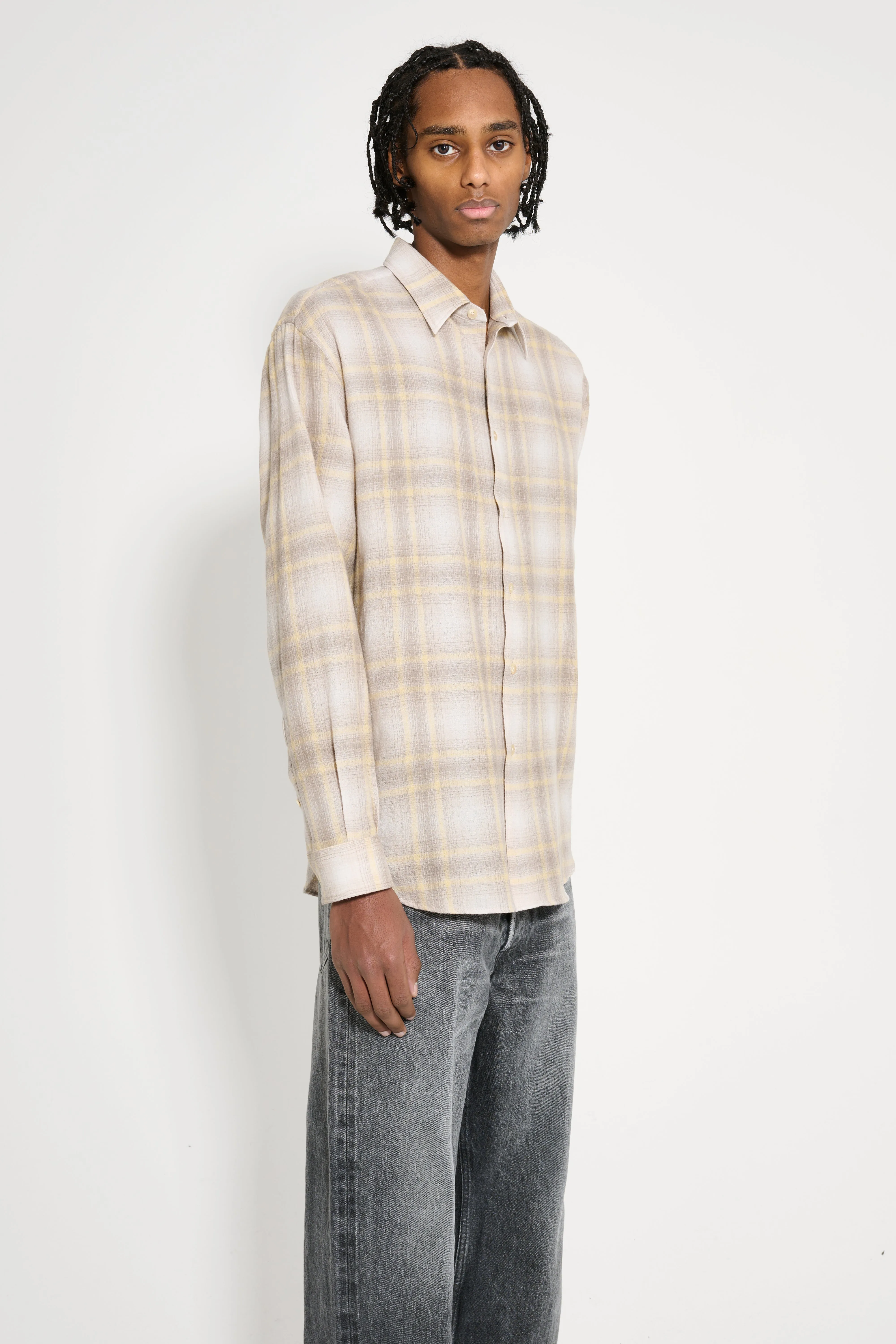 Auralee Airy Wool Check Shirt Yellow Grey Check