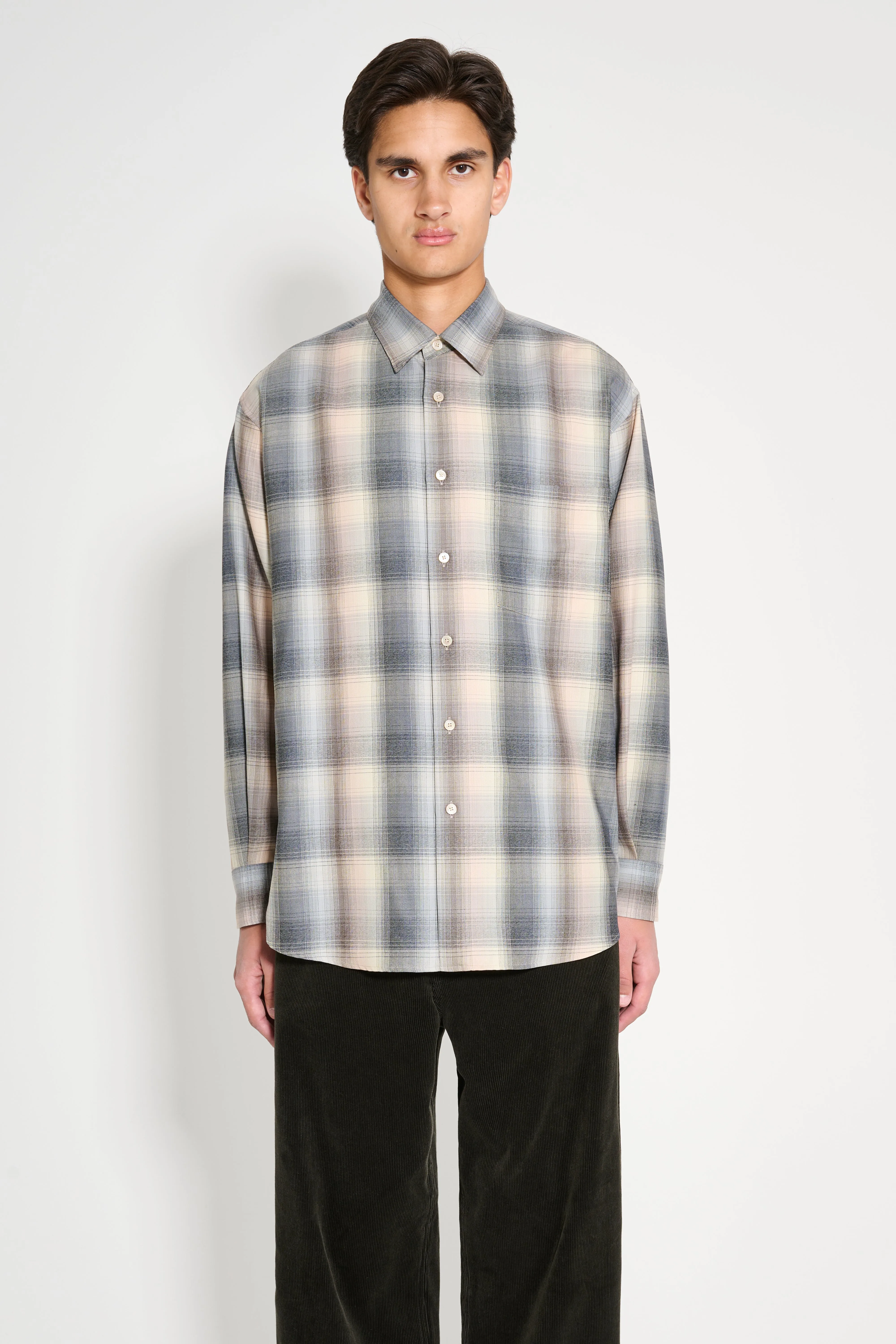 Auralee Superlight Wool Check Shirt Beige Blue