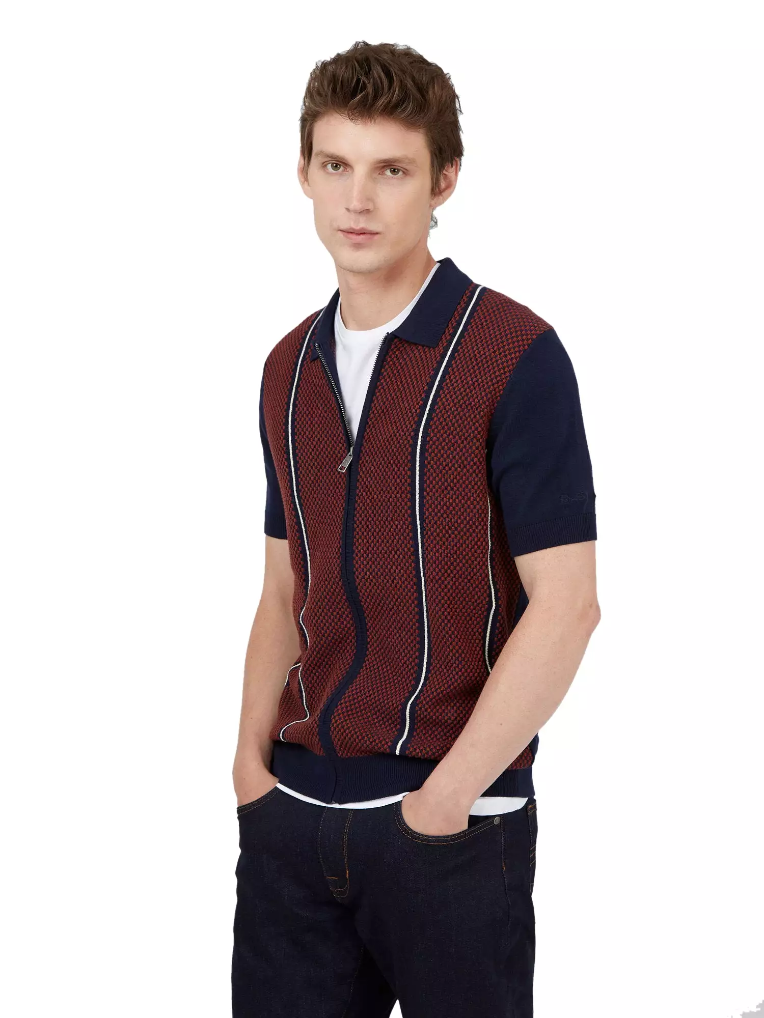 Ben Sherman Mens Knit Jacquard Zip Polo Shirt