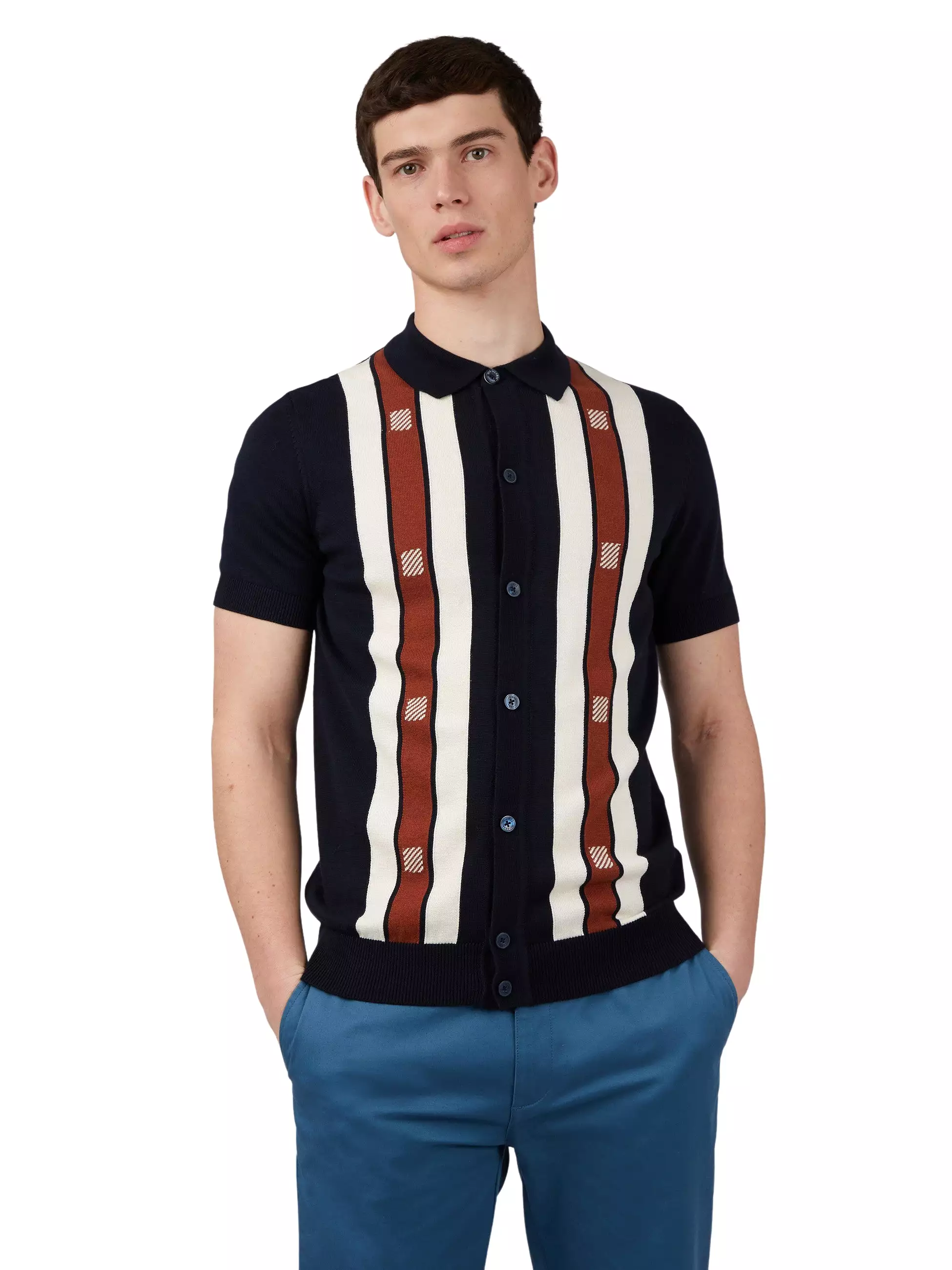 Ben Sherman Mens Knitted Button Through Mod Polo Shirt - Short Sleeved