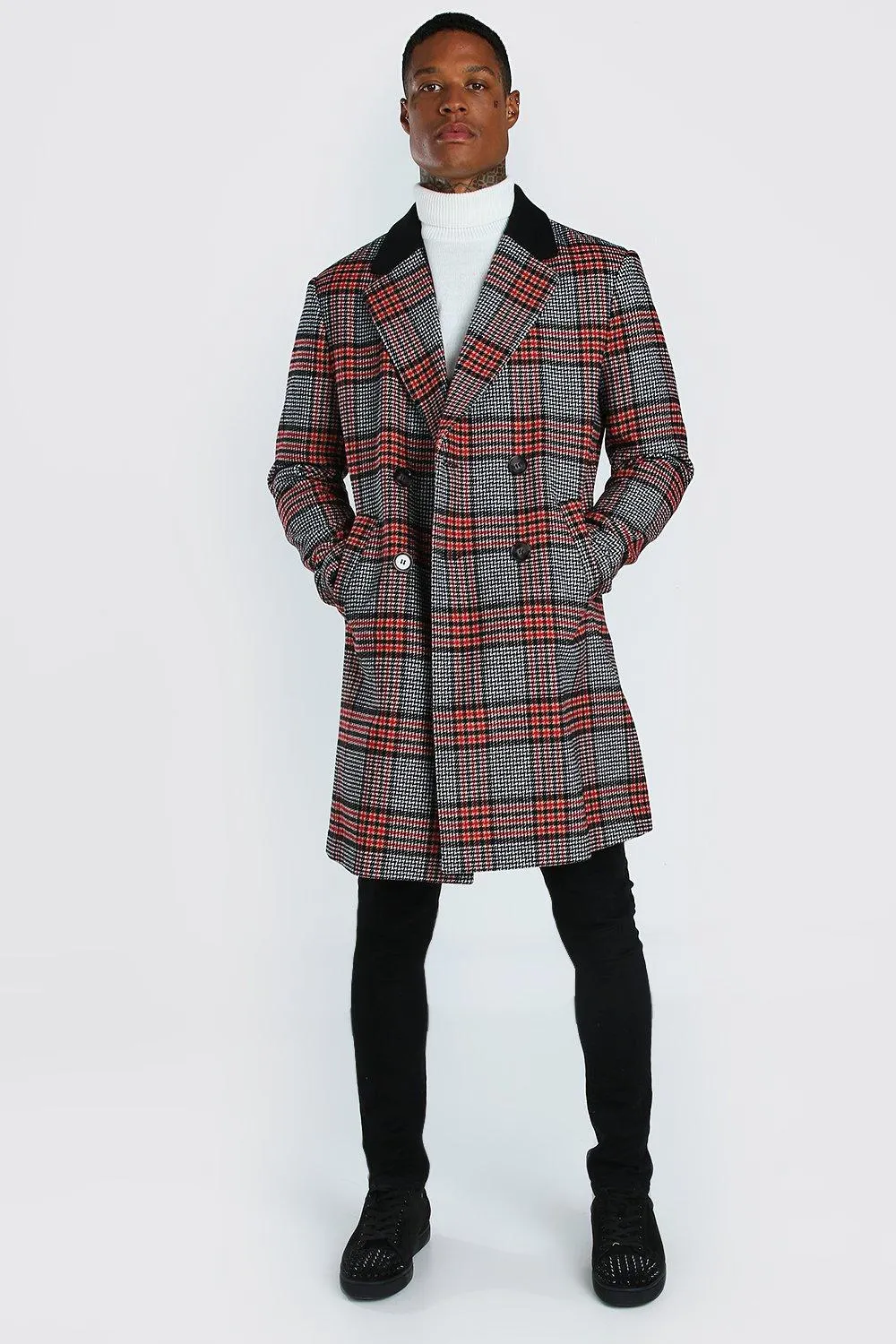 Big Check Overcoat With Back Neck Collar Details