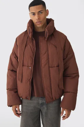 Boxy Fit Drawcord Quilted Funnel Neck Puffer Coat In Chocolate