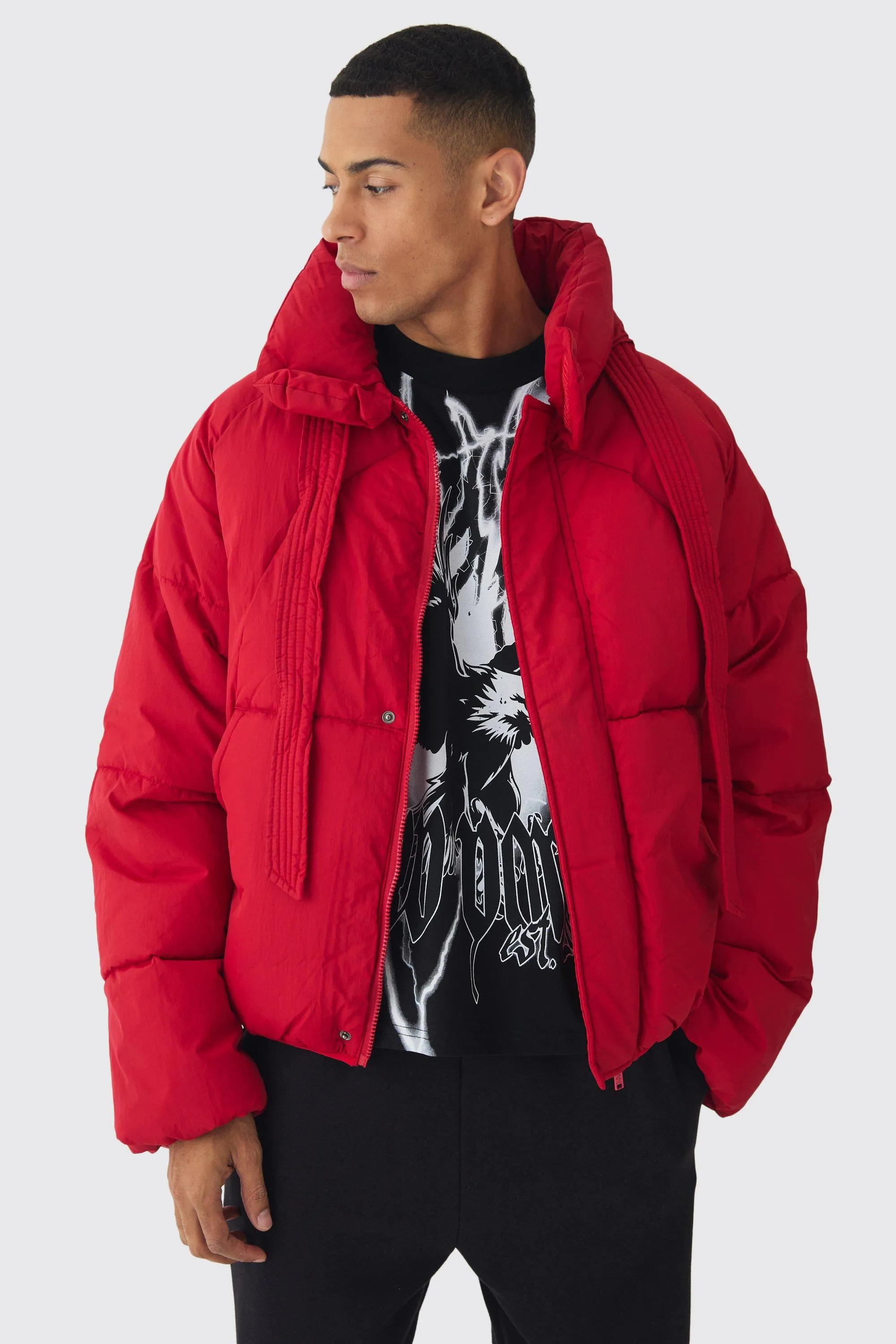 Boxy Fit Drawcord Quilted Funnel Neck Puffer Coat In Red