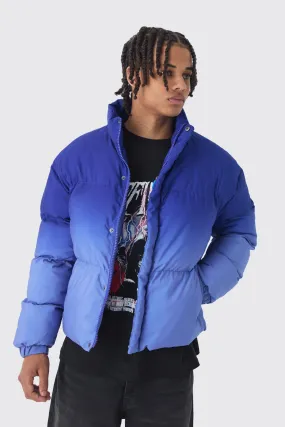 Boxy Ombre Funnel Neck Puffer Coat In Blue