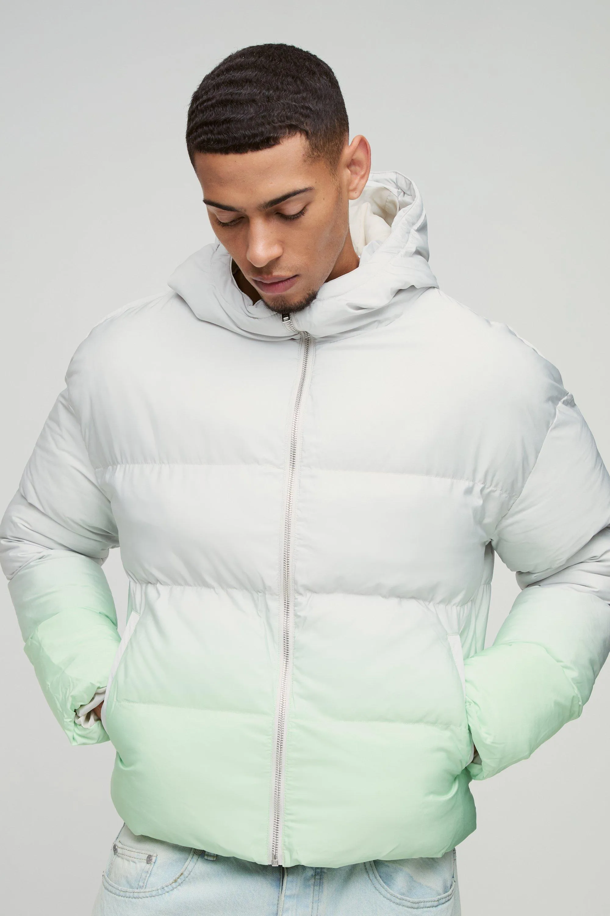 Boxy Ombre Hooded Puffer Coat In Ecru