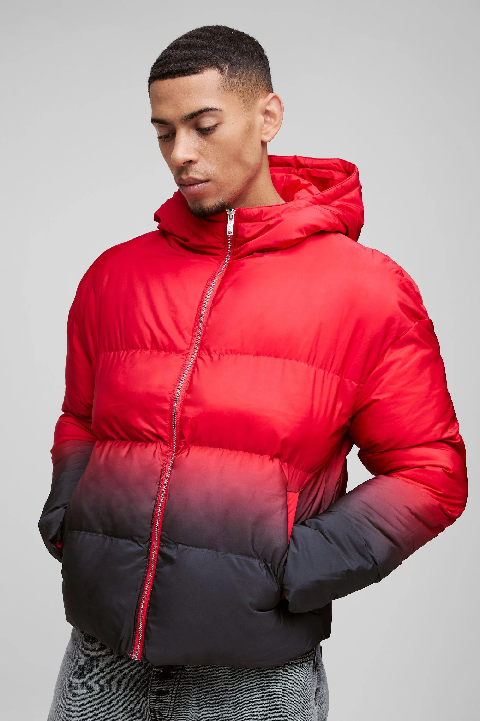 Boxy Ombre Hooded Puffer Coat In Red