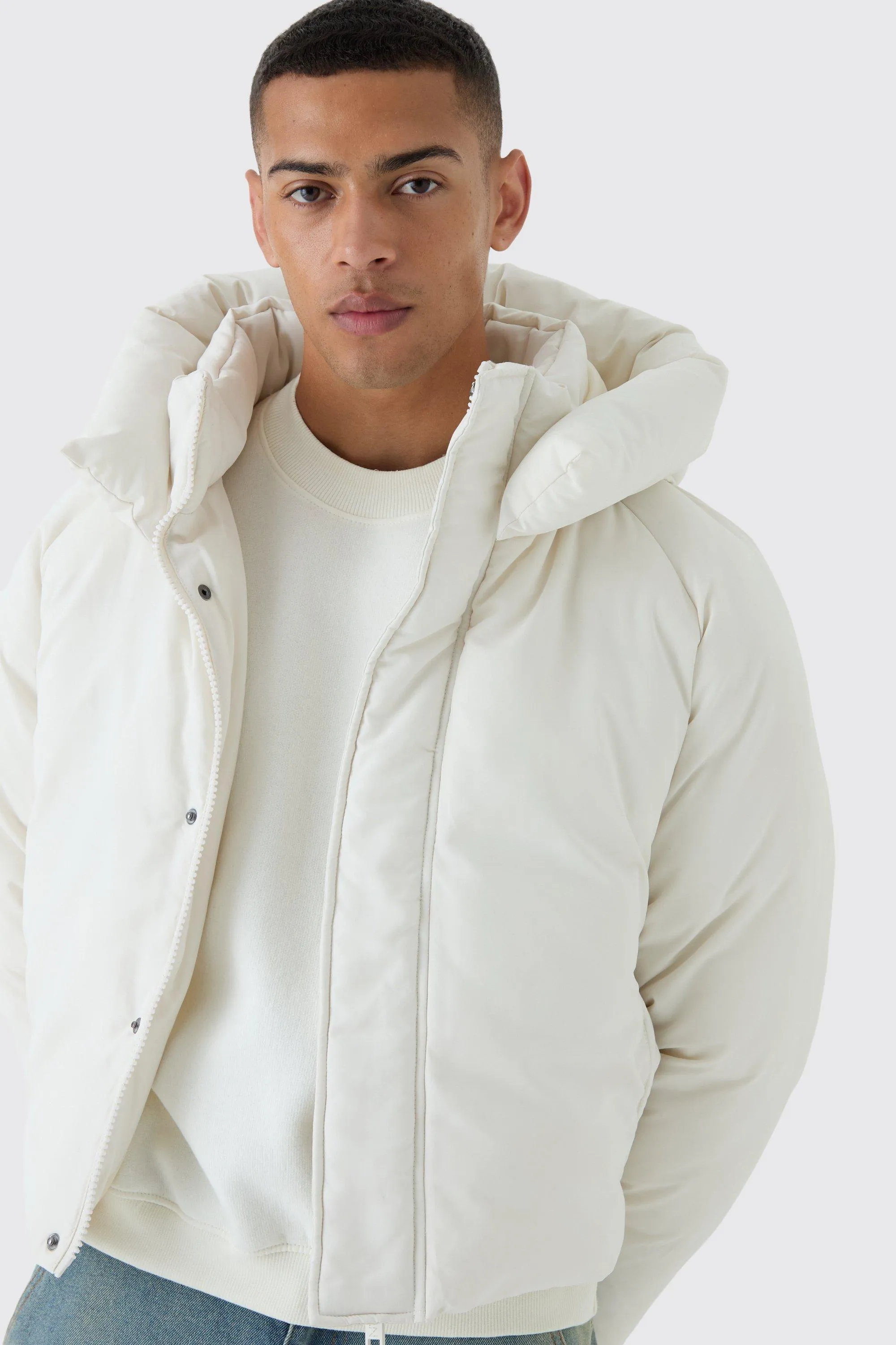 Boxy Raglan Hooded Puffer Coat In Ecru