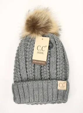 CC Kid's Knit Fur Pom Beanie in Grey