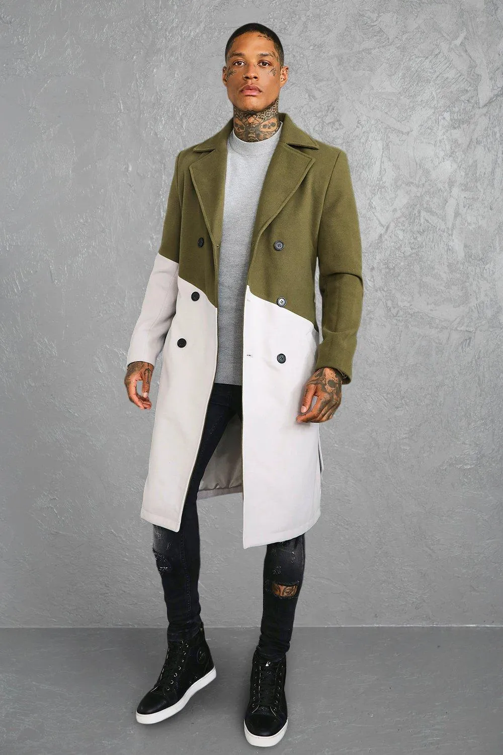 Colour Block Double Breasted Trench Overcoat