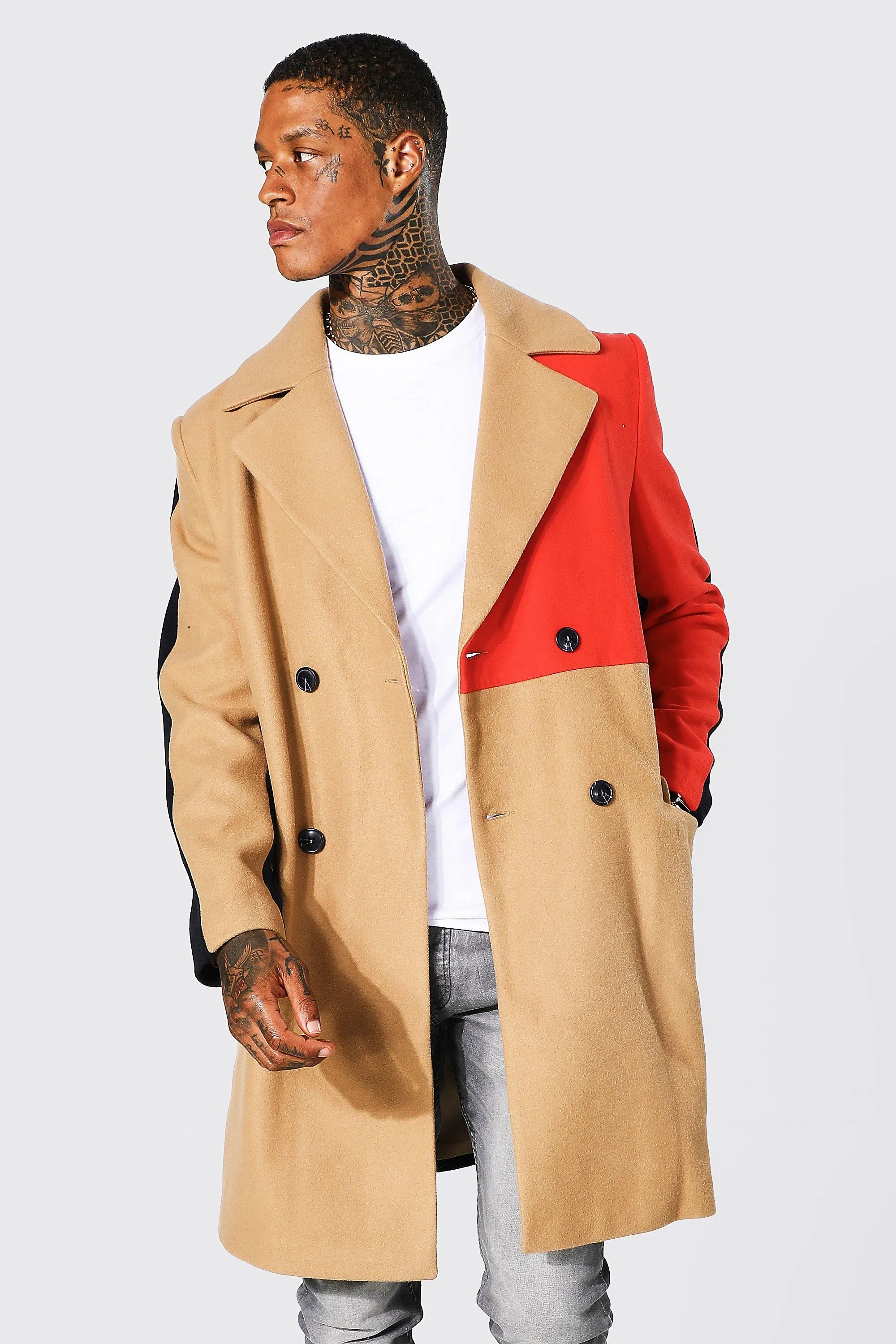 Colour Block Panel Double Breasted Overcoat