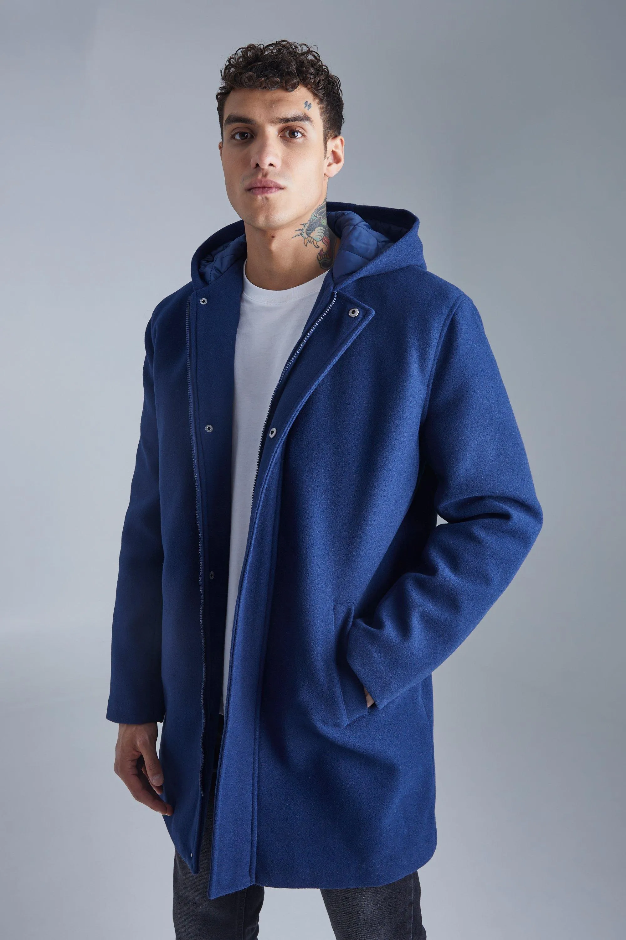 Concealed Placket Hooded Overcoat