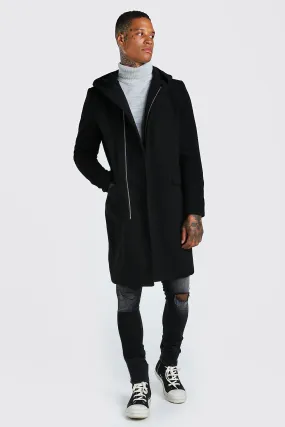 Concealed Zip Through Hooded Overcoat