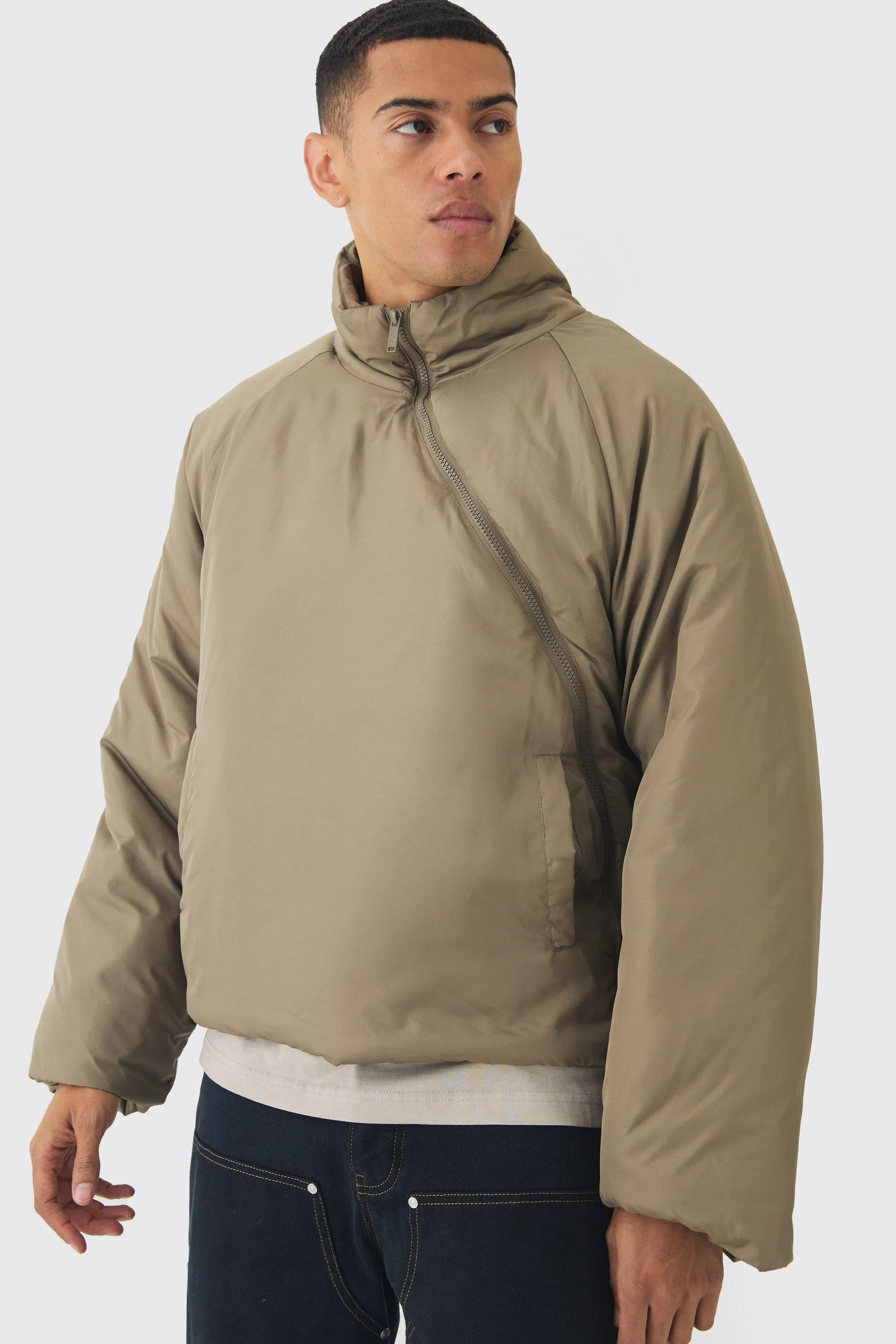 Curved Zip Padded Puffer Coat In Stone