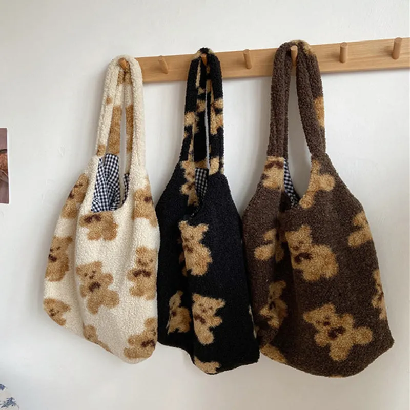 Cute Bear Print Winter Lamb Shoulder Bag