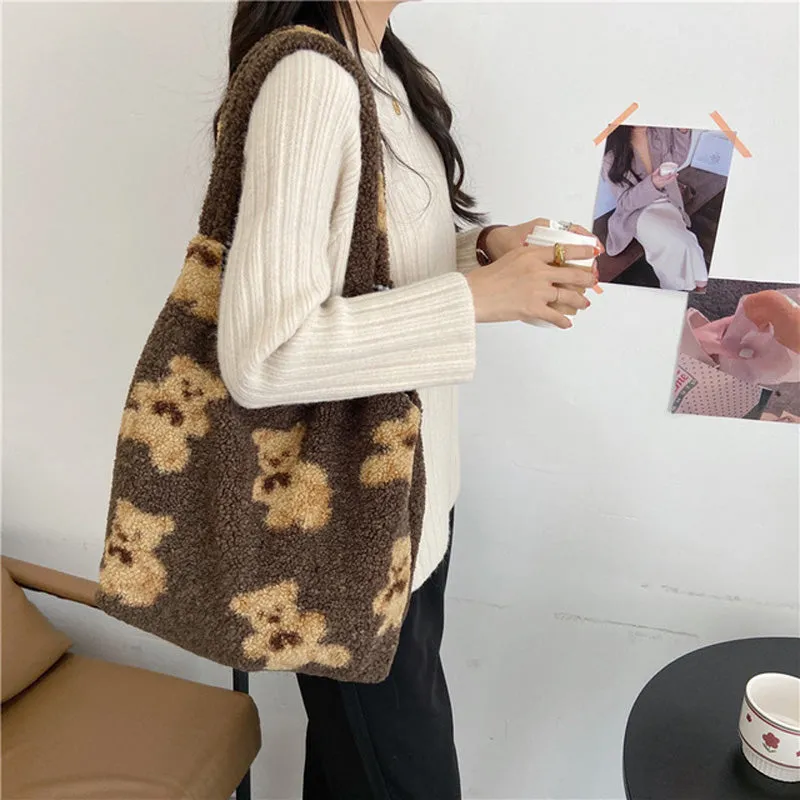 Cute Bear Print Winter Lamb Shoulder Bag