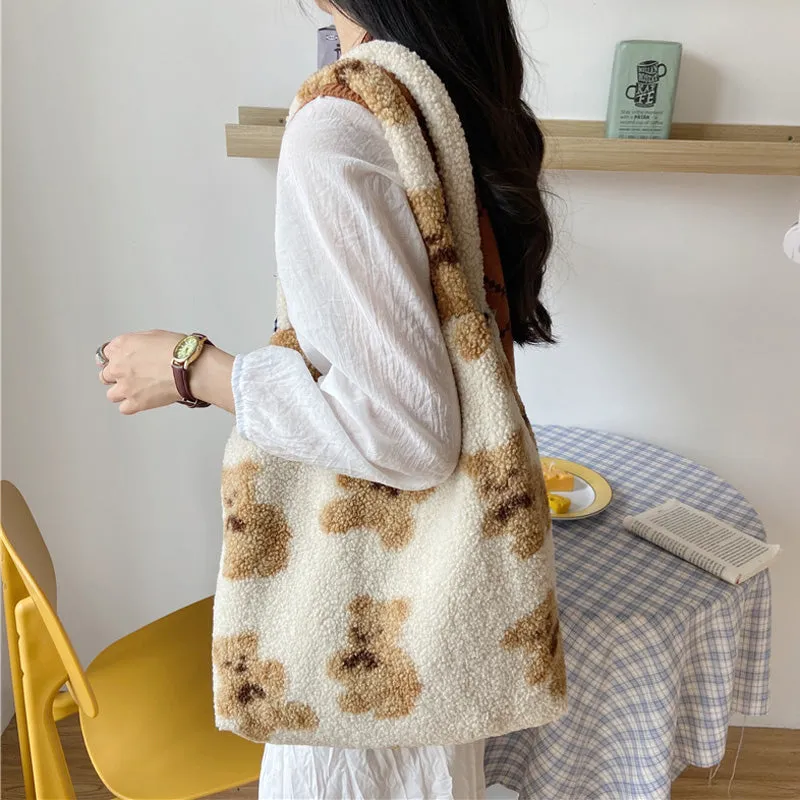 Cute Bear Print Winter Lamb Shoulder Bag