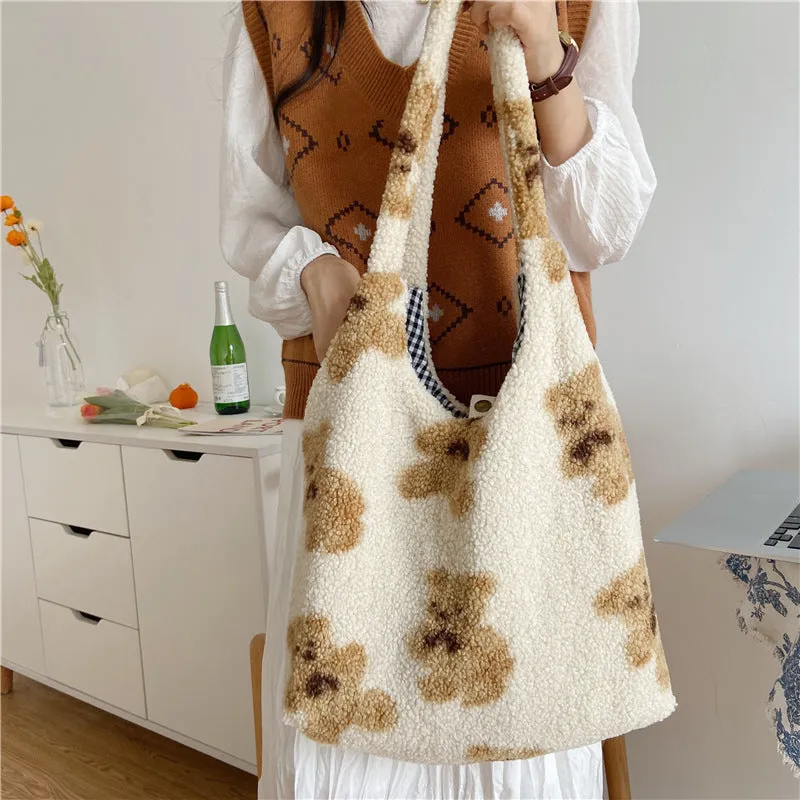 Cute Bear Print Winter Lamb Shoulder Bag