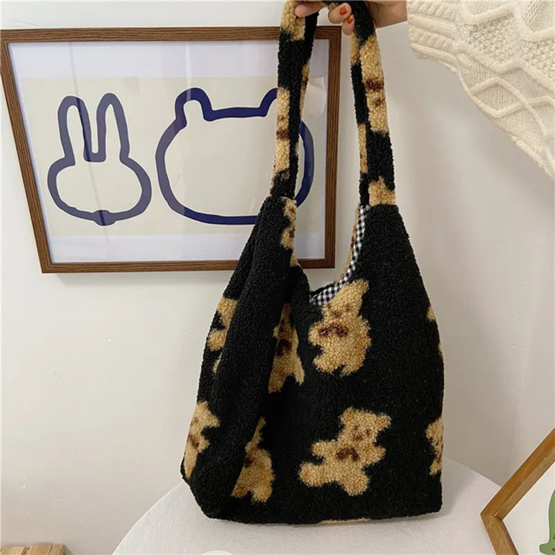 Cute Bear Print Winter Lamb Shoulder Bag