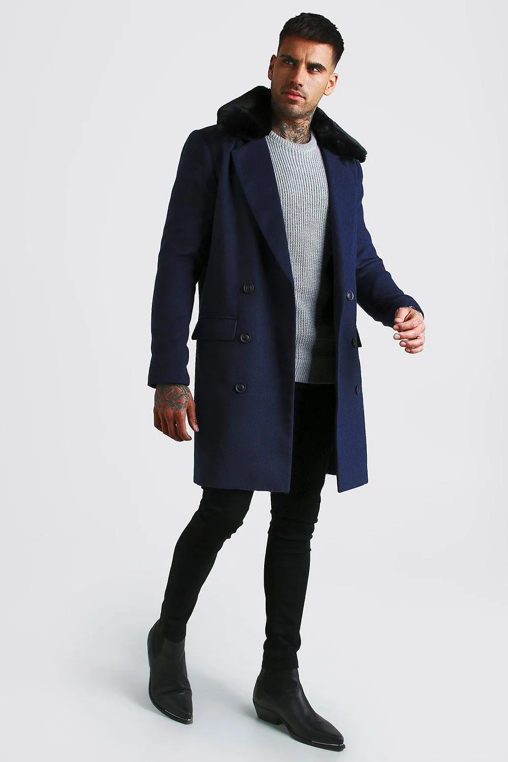 Double Breasted Faux Fur Overcoat