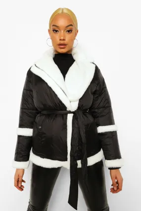 Faux Fur Matte Shine Belted Puffer Coat