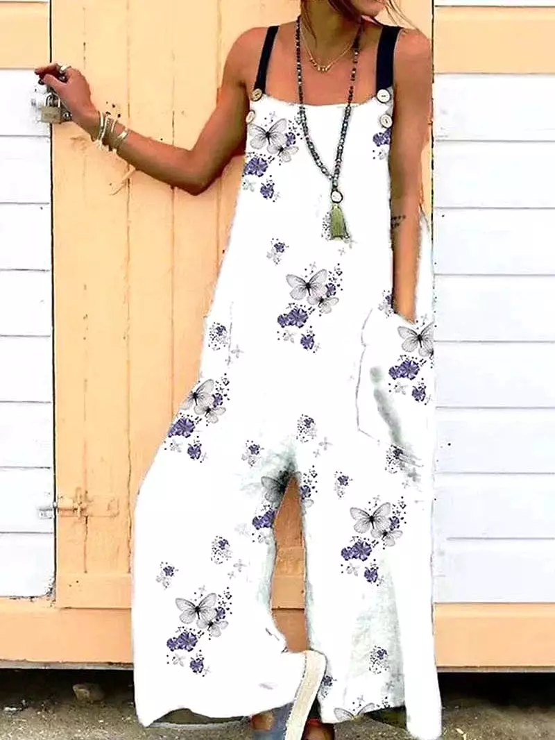 Floral Print Adjustable Strap Jumpsuit with Backless Design and Side Pockets