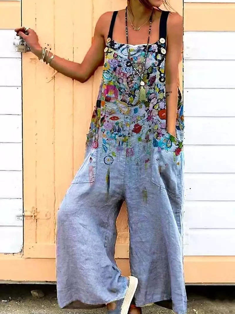 Floral Print Adjustable Strap Jumpsuit with Backless Design and Side Pockets