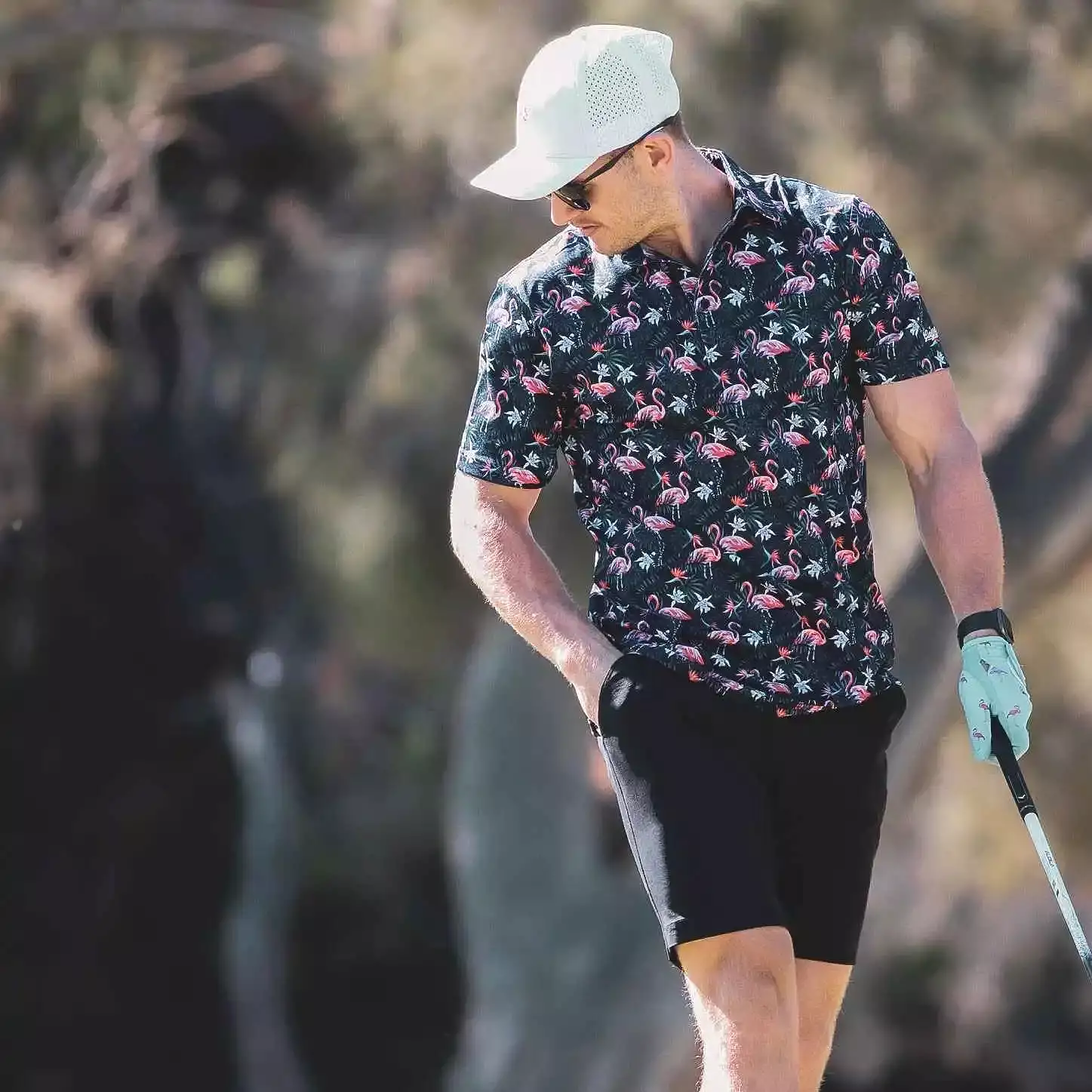 Flowers & Flamingos Cool Tech Performance Golf Polo