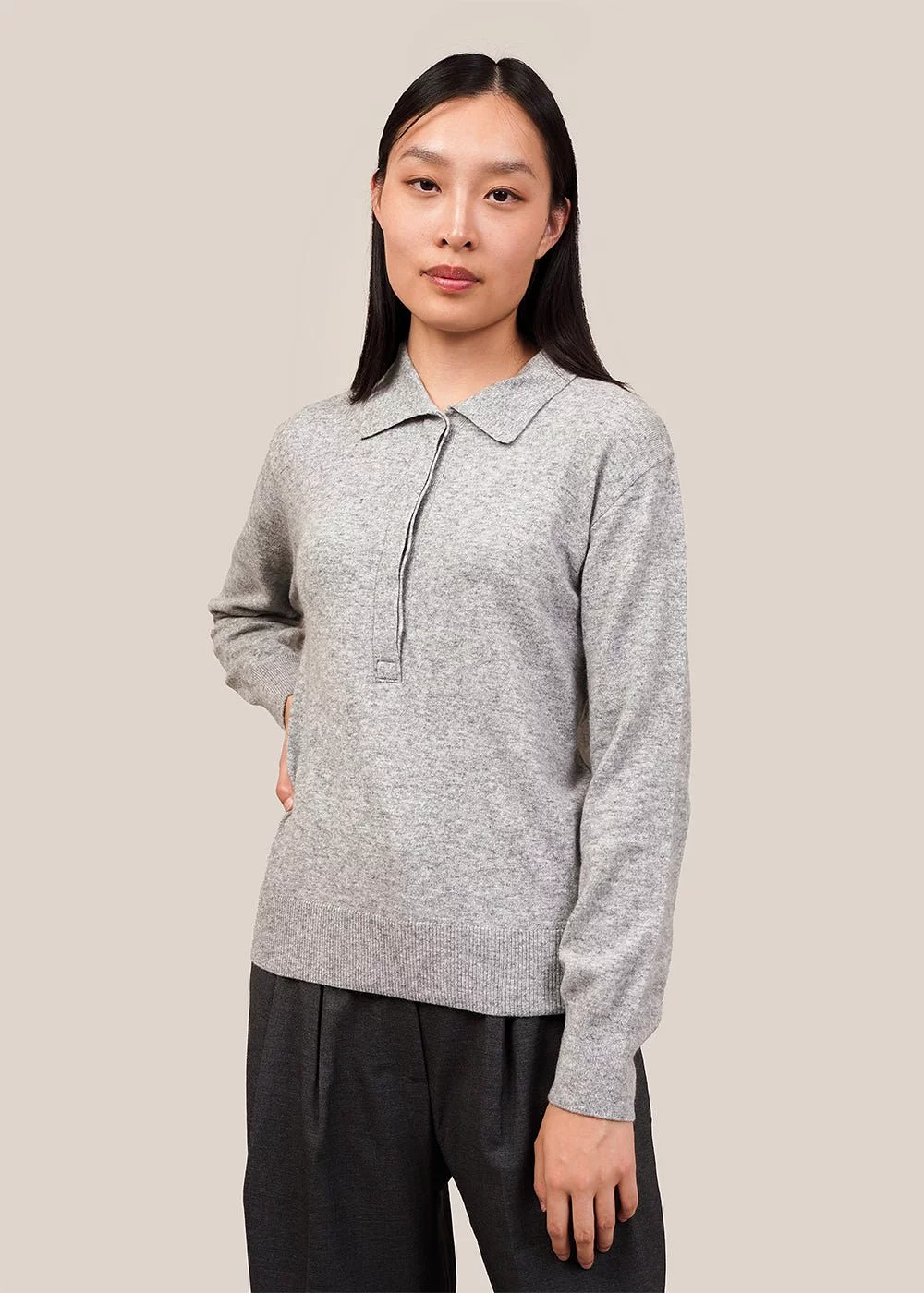 Grey Cashmere Blend Polo Sweater