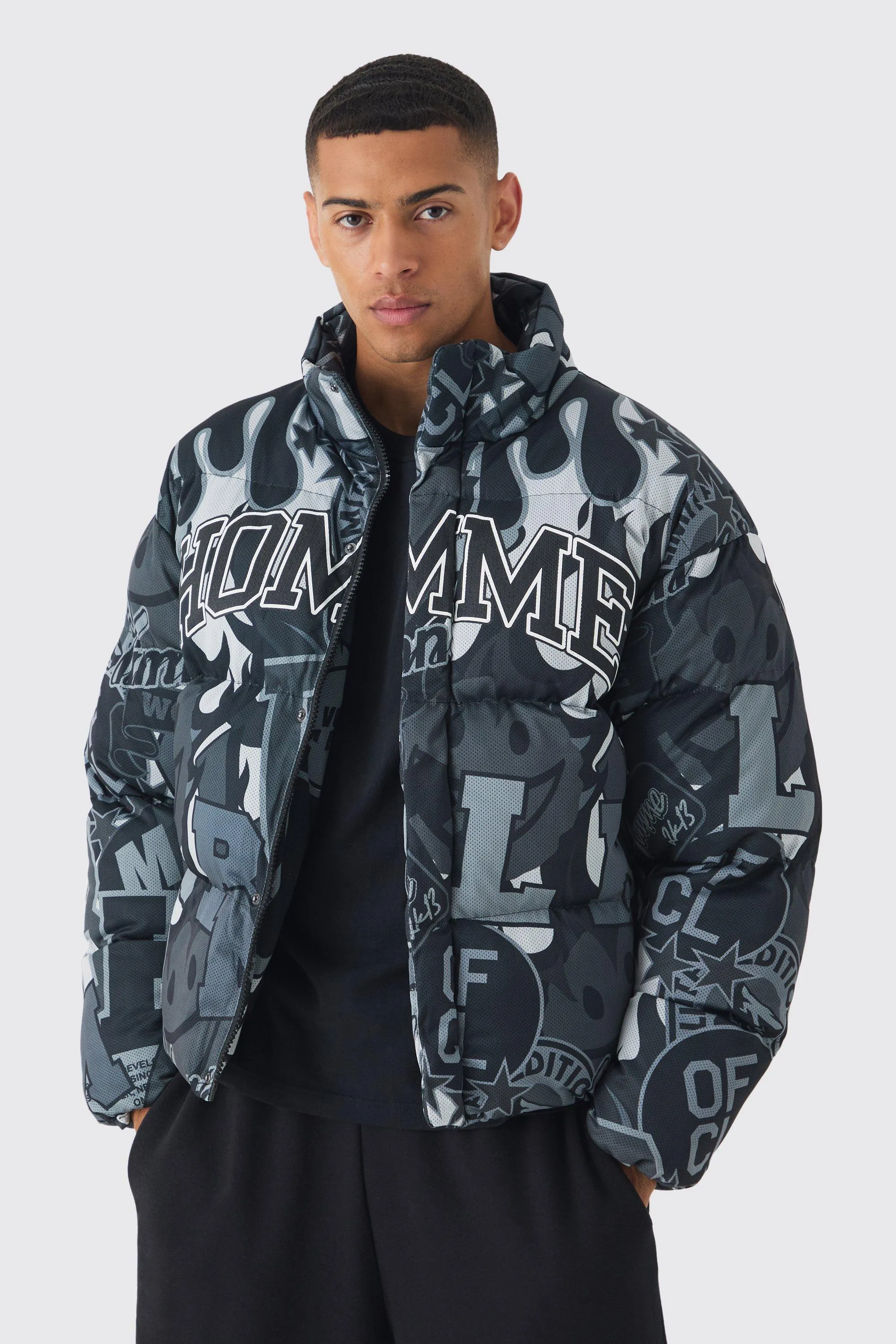 Homme Printed Funnel Neck Mesh Puffer Coat In Black