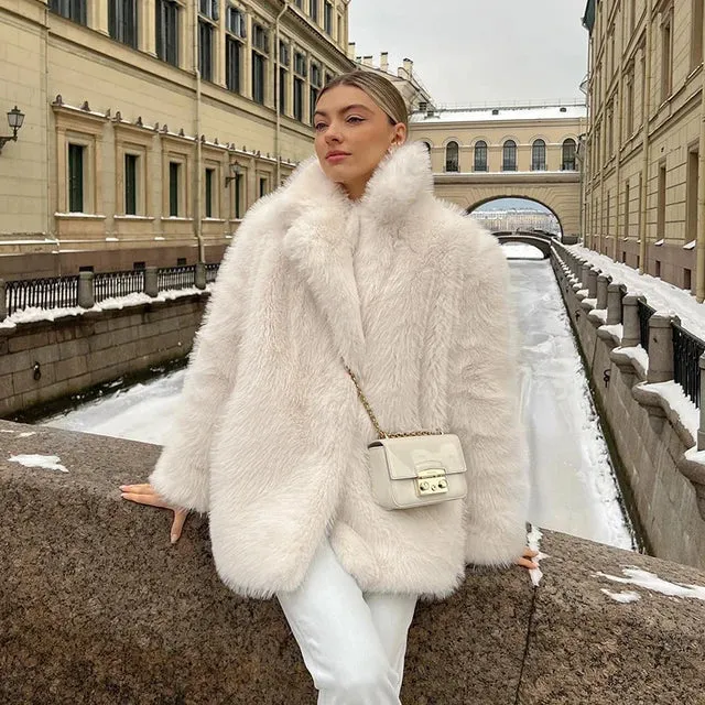 Iconic Fluffy Furry Faux Fur Jacket Winter Shaggy Overcoat Fur Coat