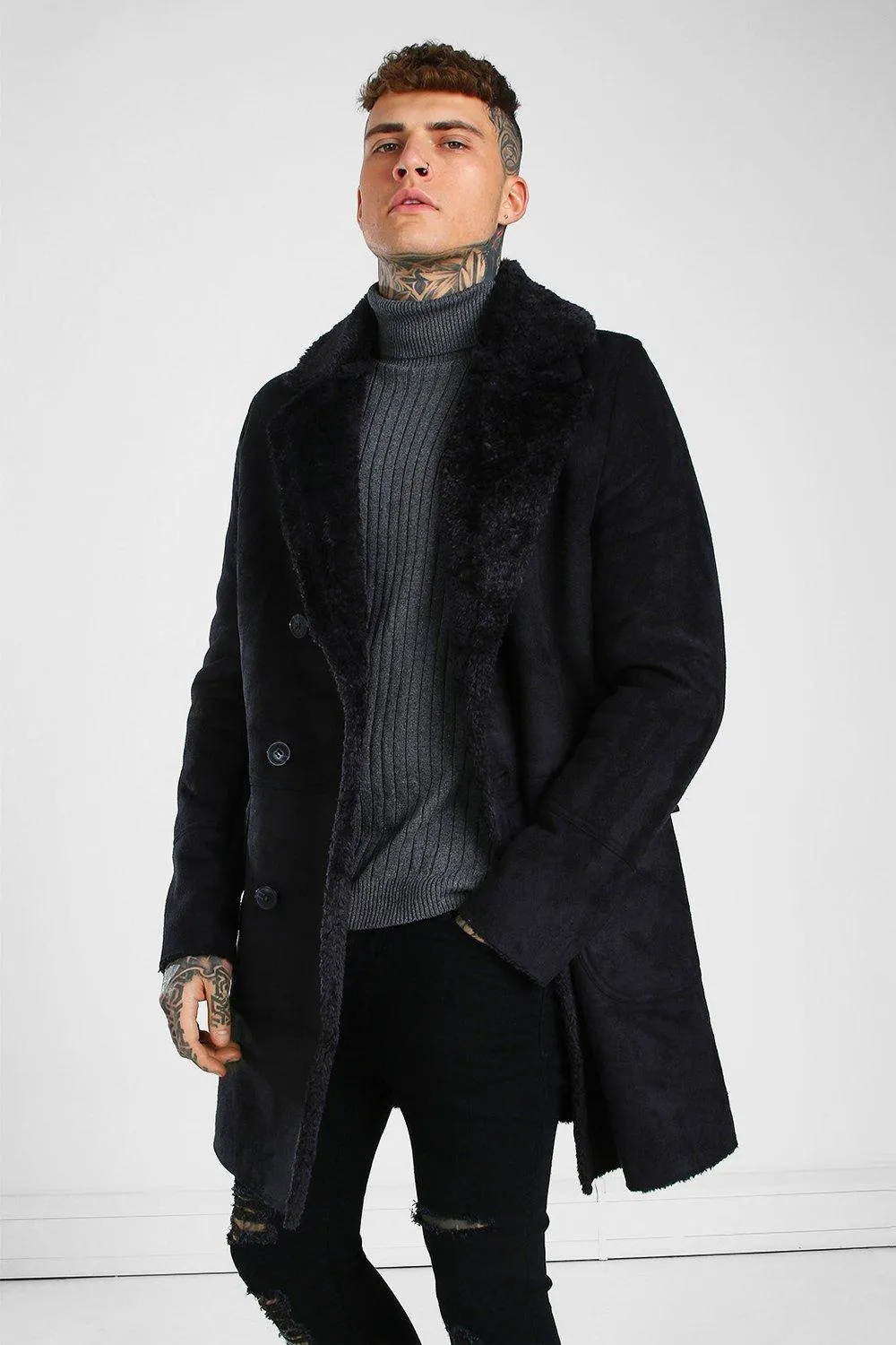 Longline Faux Fur Double Breasted Overcoat