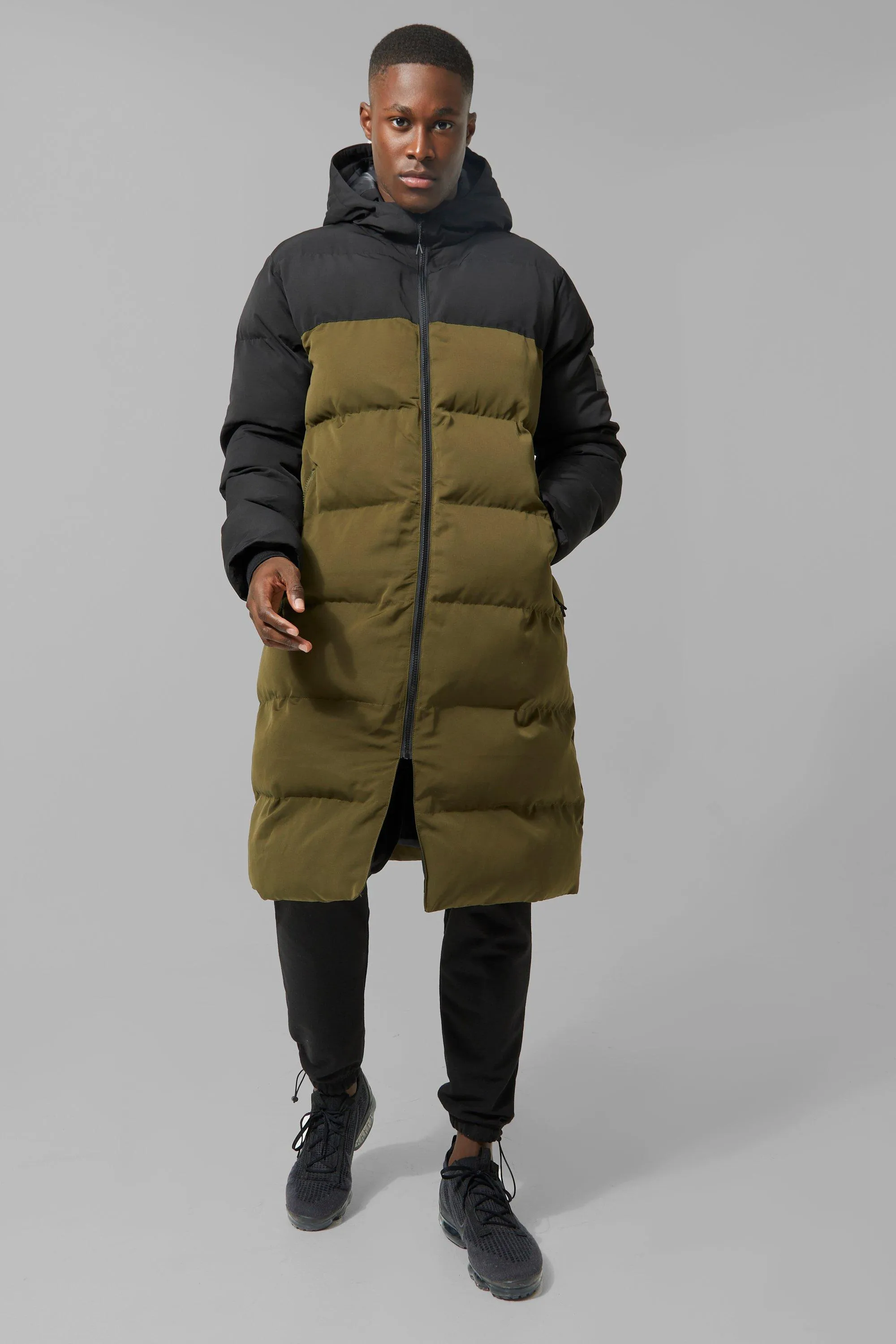 Man Active Color Block Longline Puffer Coat