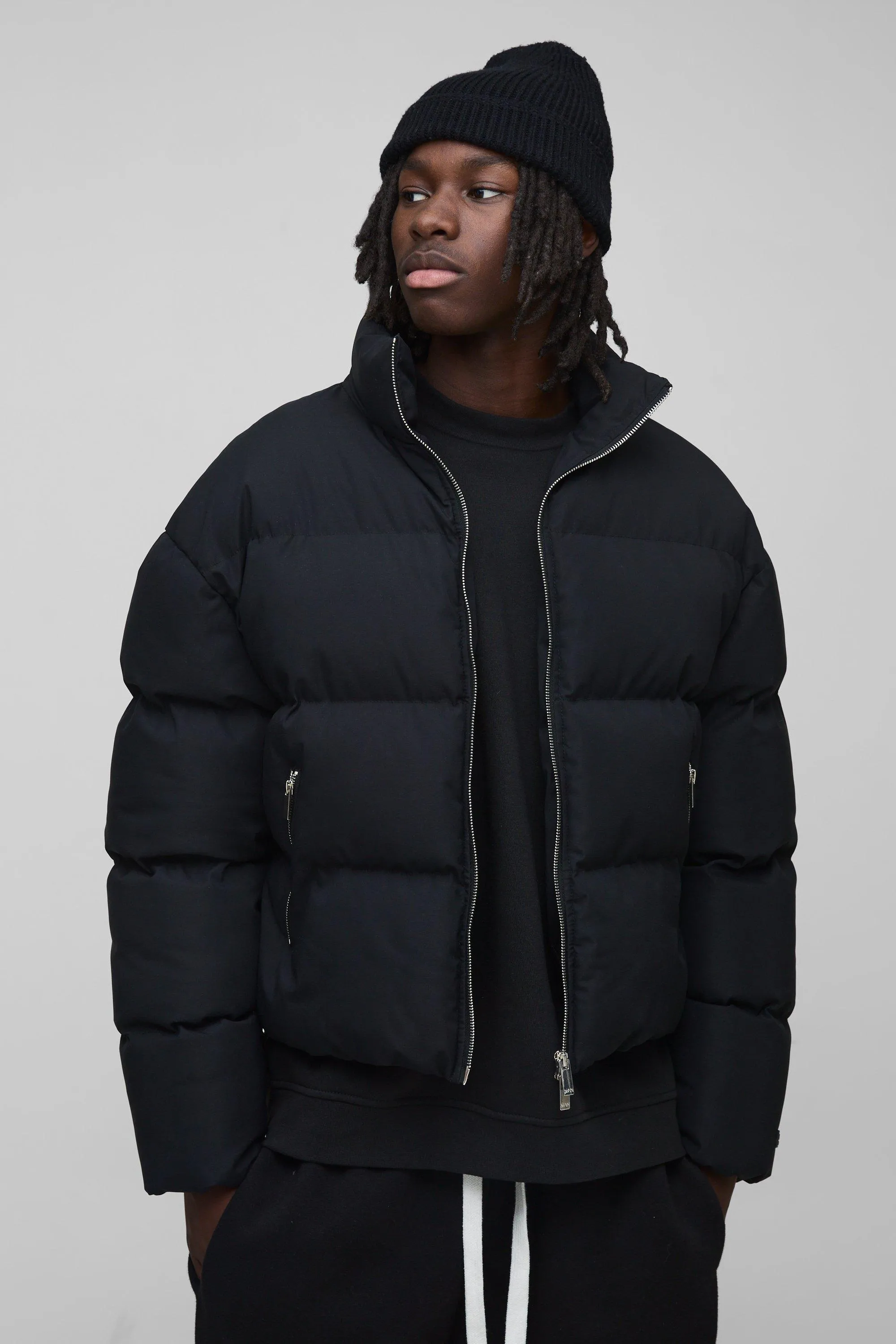 Man Boxy Fit Funnel Neck Puffer Coat In Black