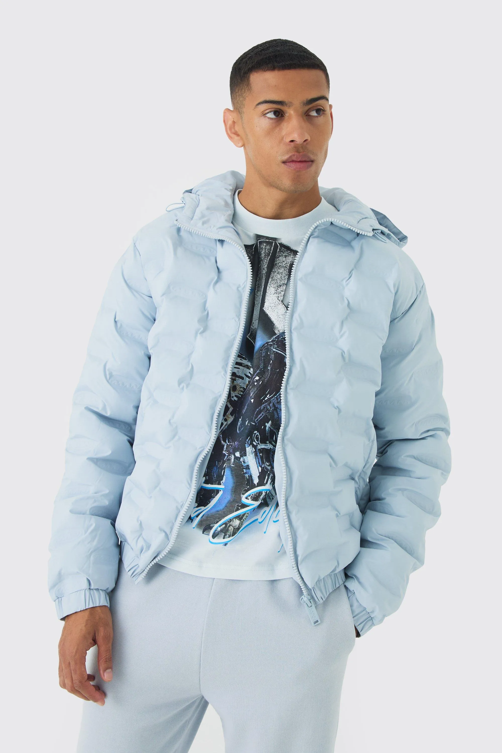 Man Heat Seal Hooded Puffer Coat In Light Blue