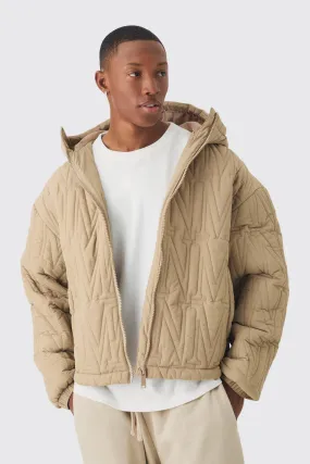 Man Quilted Hooded Puffer Coat In Taupe