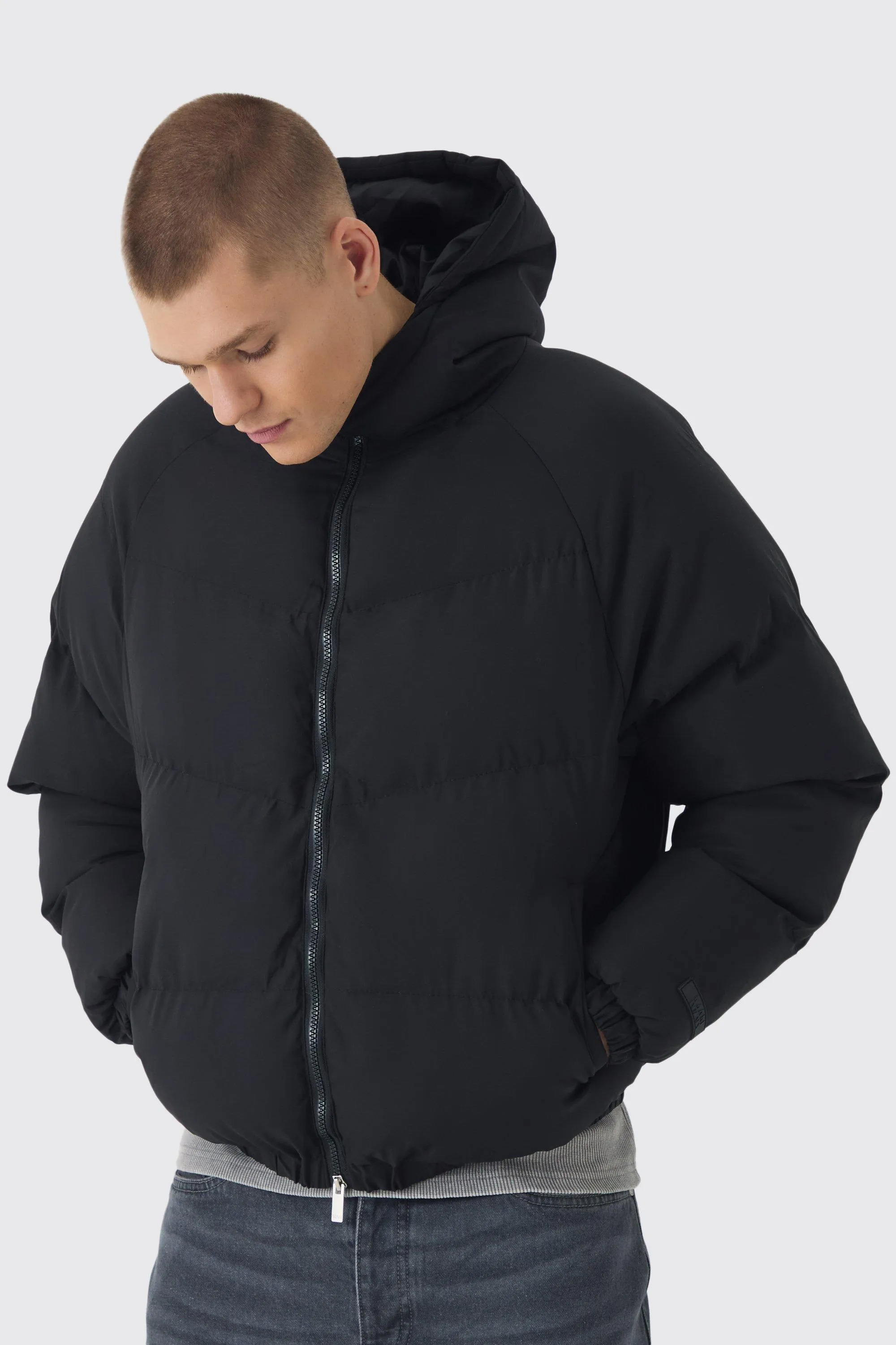 Man Regular Fit Hooded Puffer Coat In Black