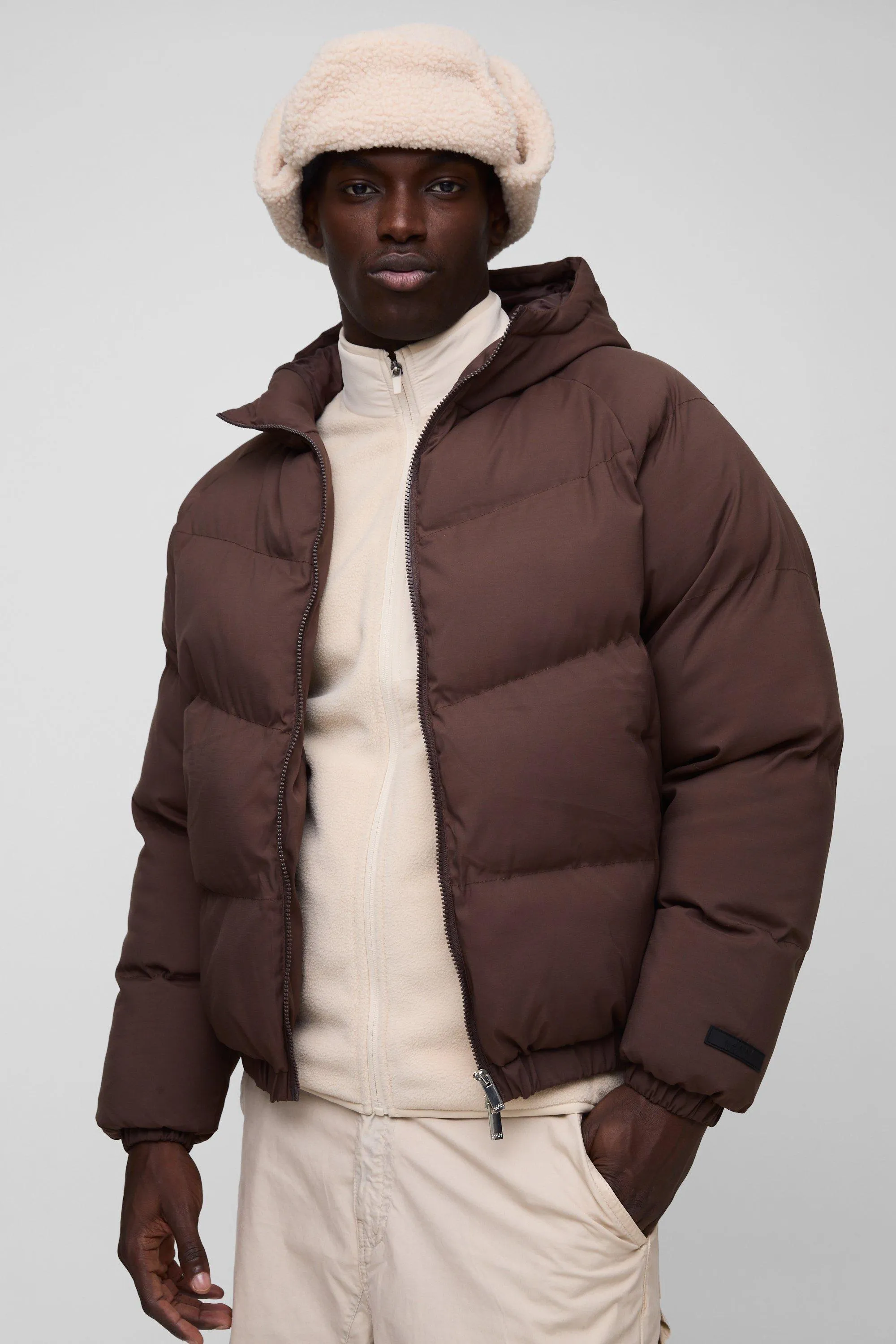 Man Regular Fit Hooded Puffer Coat In Brown