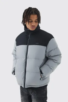 Man Tab Color Block Concealed Hood Puffer Coat In Grey