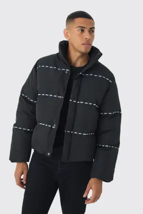 Man Tape Funnel Neck Puffer Coat In Black