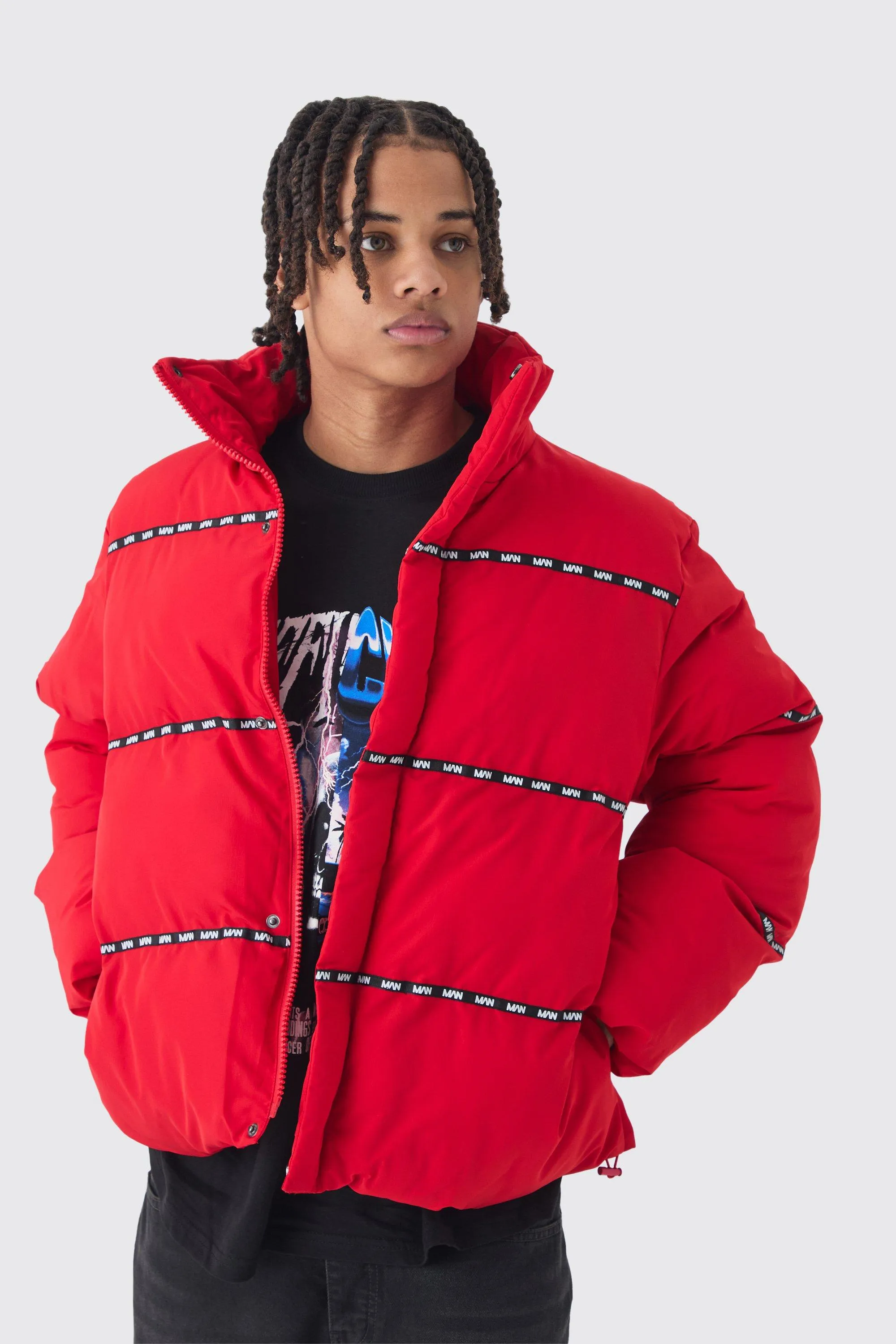 Man Tape Funnel Neck Puffer Coat In Red