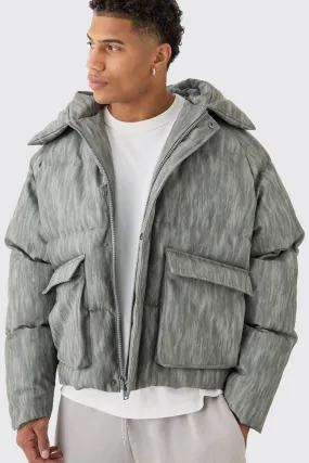 Oversized Boxy Washed Pu Hooded Puffer Coat In Grey