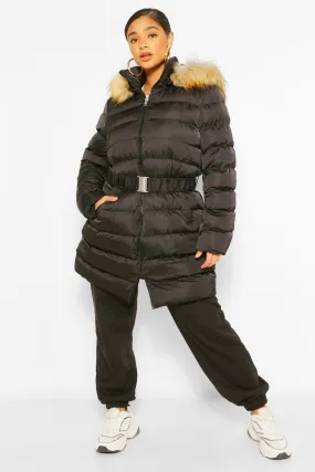 Plus Belted Faux Fur Hooded Puffer Long Coat