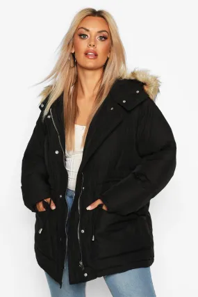 Plus Faux Fur Hooded Drawstring Puffer Parka Coat