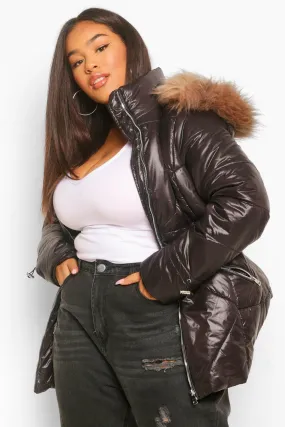 Plus Faux Fur Trimmed High Shine Puffer Coat