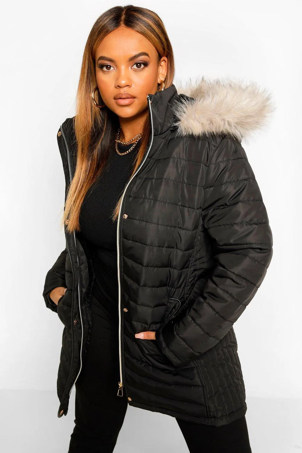 Plus Faux Fur Trimmed Puffer Belted Coat