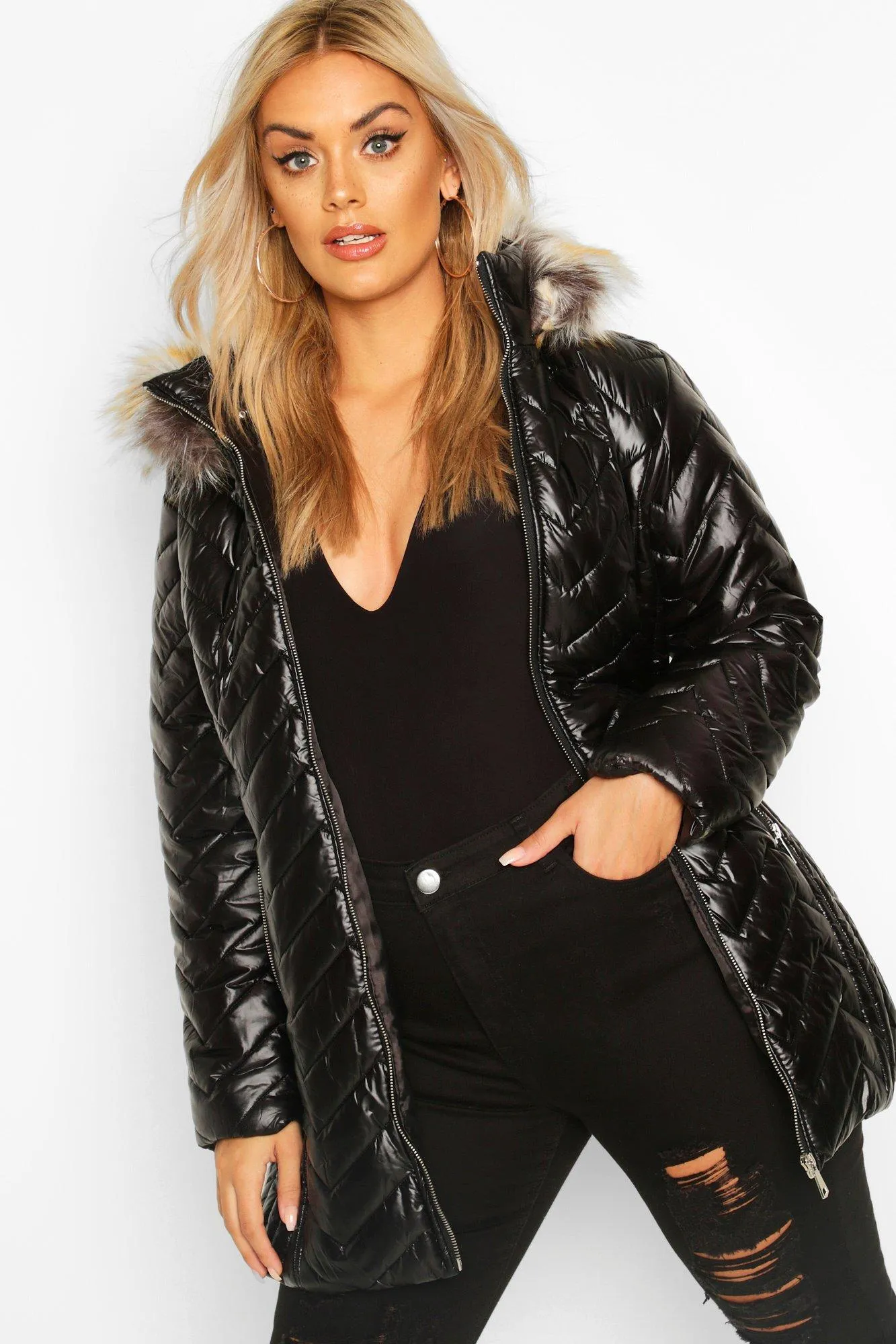 Plus High Shine Puffer Parka Faux Fur Coat