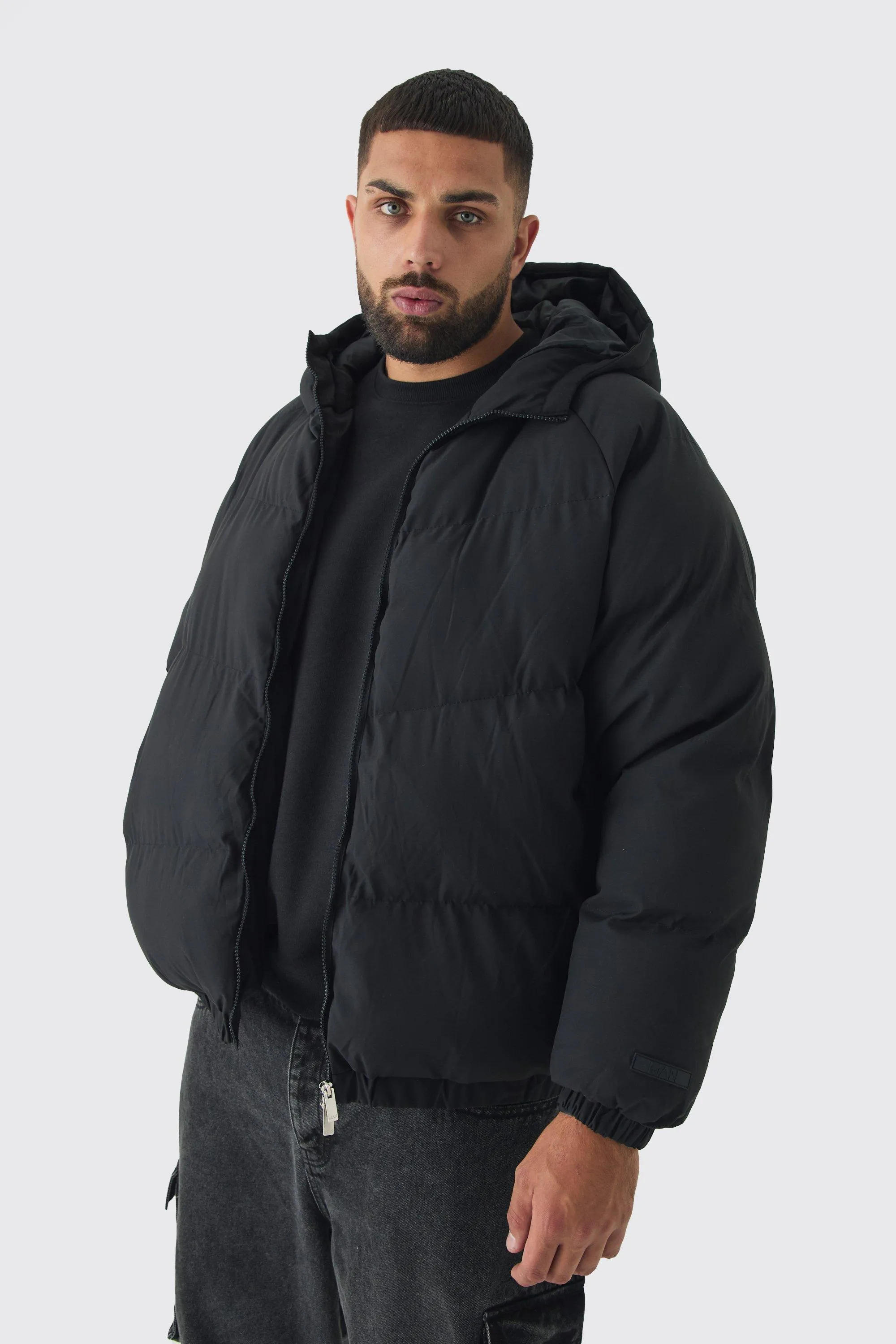 Plus Man Regular Fit Hooded Puffer Coat In Black