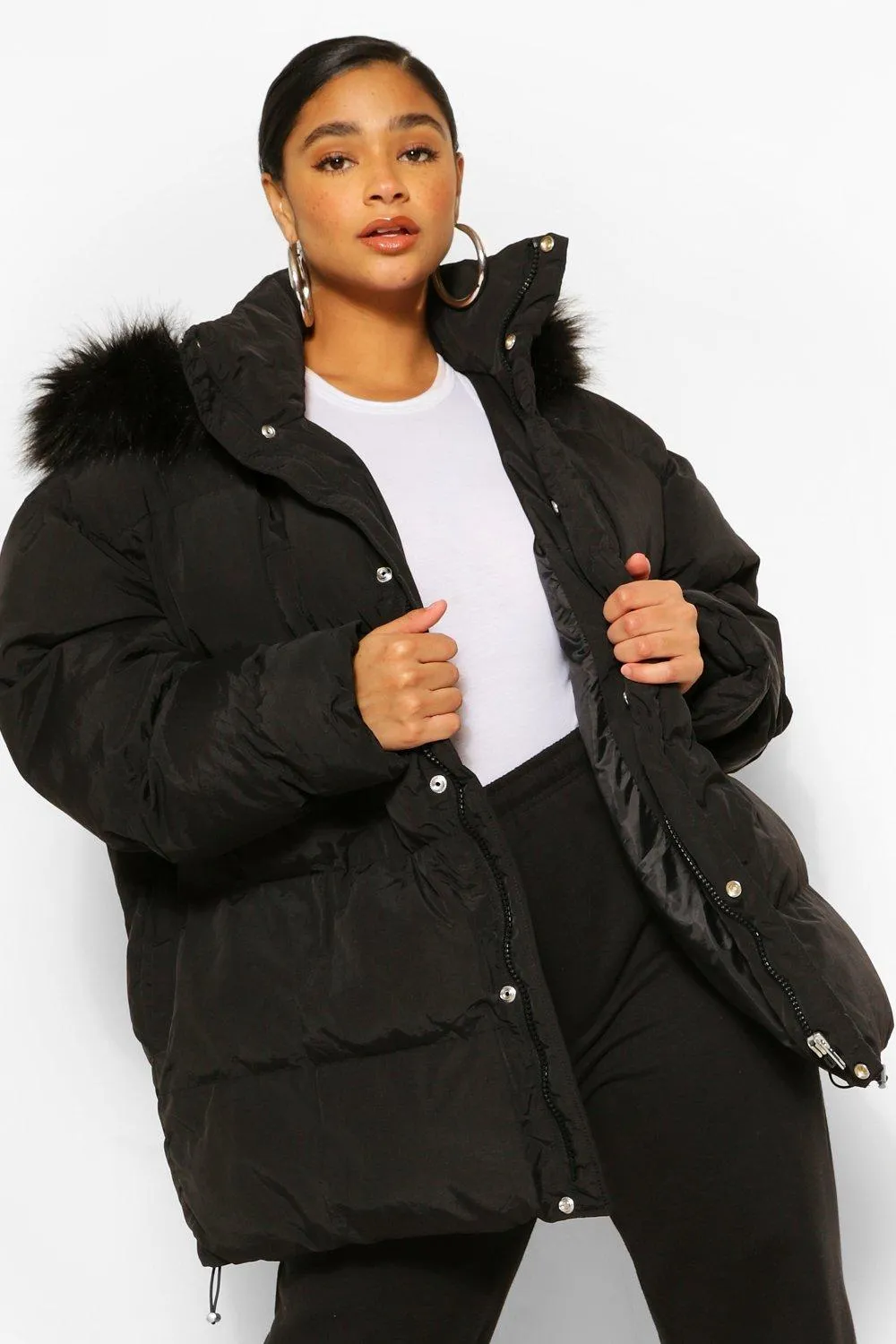 Plus Padded Puffer Coat With Faux Fur Hood