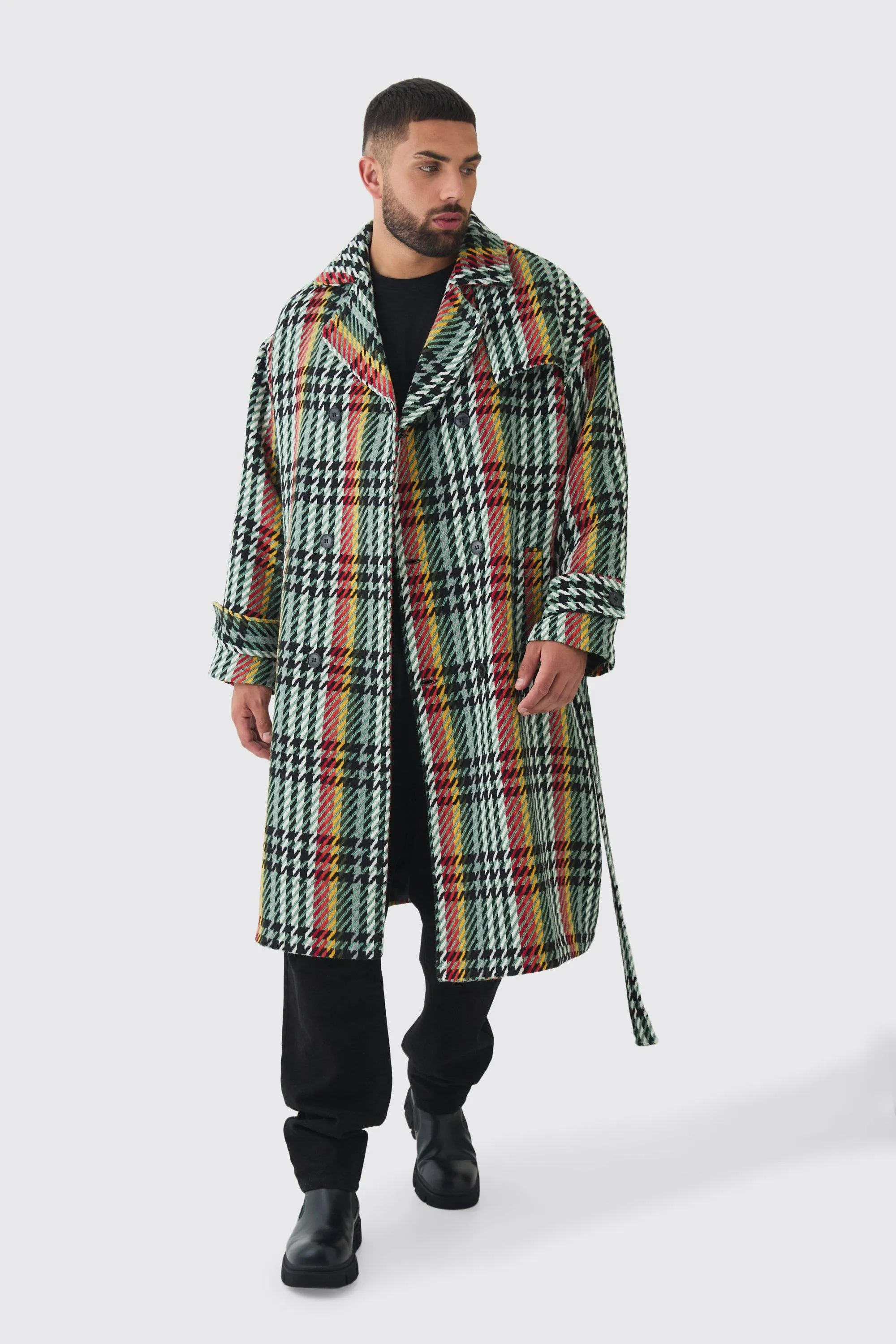 Plus Wool Look Check Double Breasted Overcoat in Green